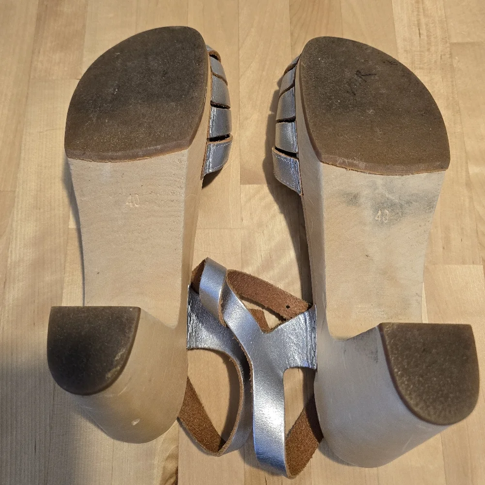 Swedish Hasbeens Silver Platform Heels Size 40